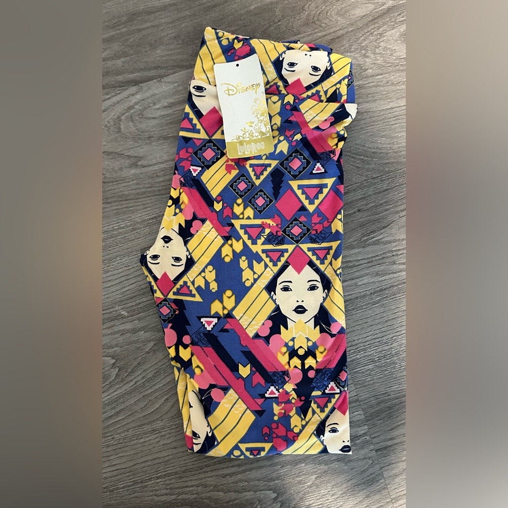 LuLaRoe Disney Pocahontas Navy Yellow Pink Geometric Face Print Leggings OS